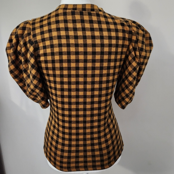 Vintage Style Blouse Haute Monde Black Gold Checkered Plaid Top Puffy Sleeves S - Picture 2 of 6